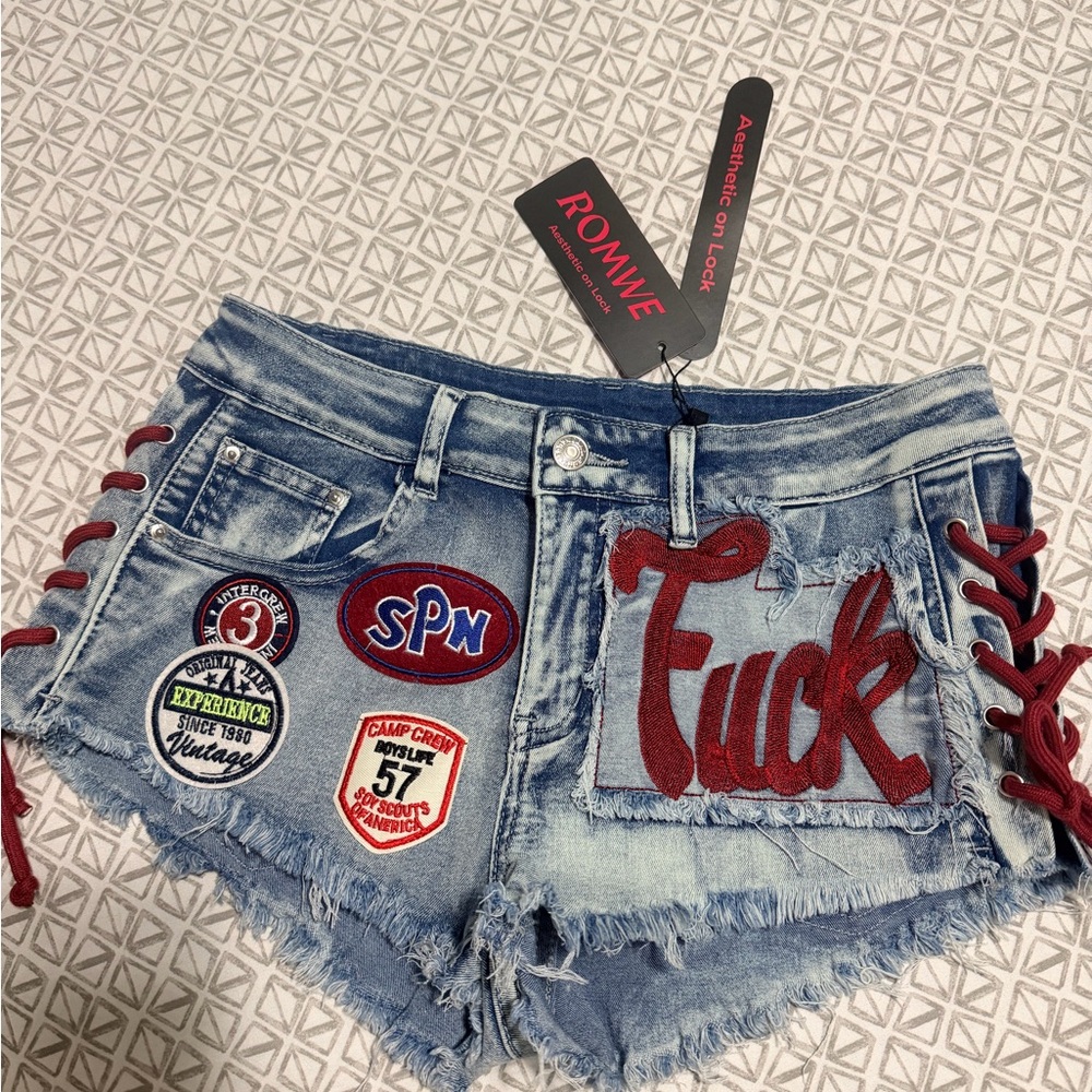 ROMWE Women's Jean Shorts with Red and Blue Patches